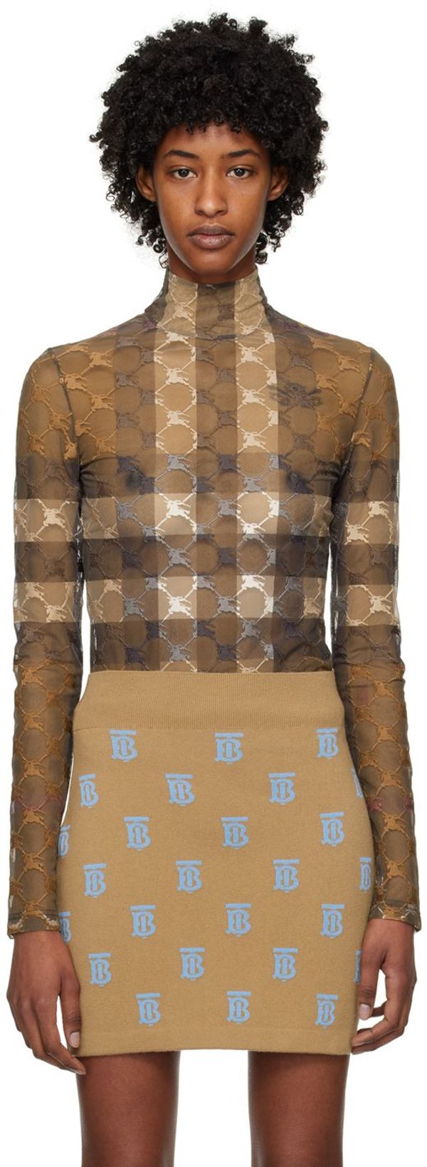 Fendi Brown Tulle Logo Embroidered High Neck Sheer Bodysuit XS